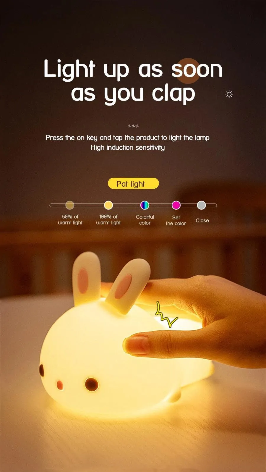 🐰 Touch Sensor RGB LED Rabbit Night Light | 16 Colors USB Rechargeable Silicone Bunny Lamp | Perfect for Children & Baby Gifts