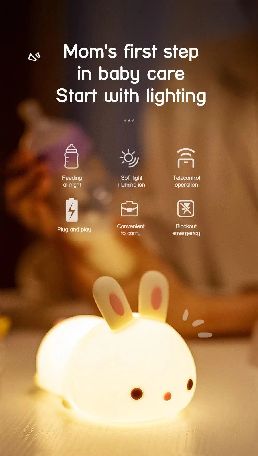 🐰 Touch Sensor RGB LED Rabbit Night Light | 16 Colors USB Rechargeable Silicone Bunny Lamp | Perfect for Children & Baby Gifts