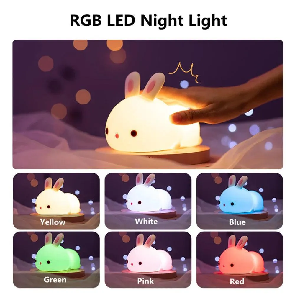🐰 Touch Sensor RGB LED Rabbit Night Light | 16 Colors USB Rechargeable Silicone Bunny Lamp | Perfect for Children & Baby Gifts