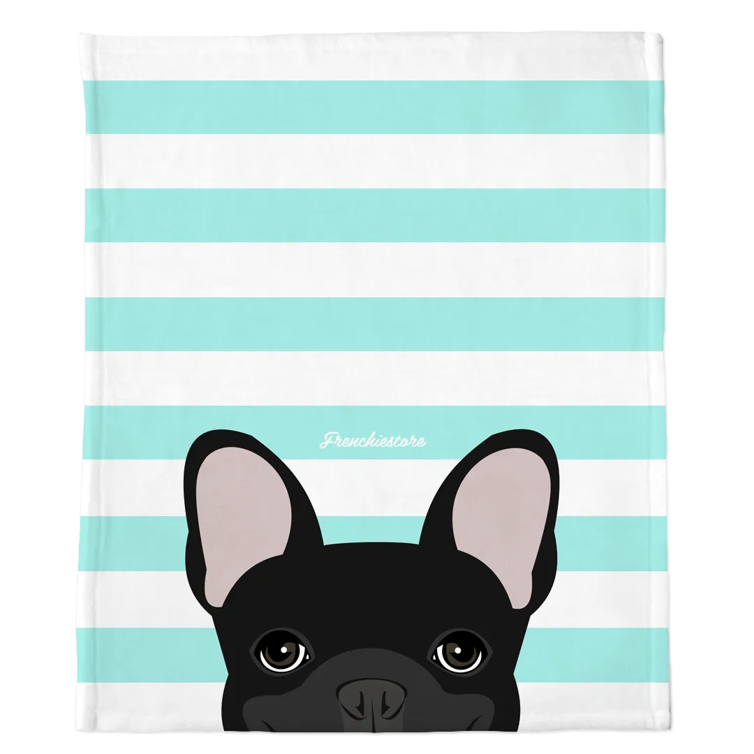 Black French Bulldog on Aqua Stripes | Frenchie Blanket