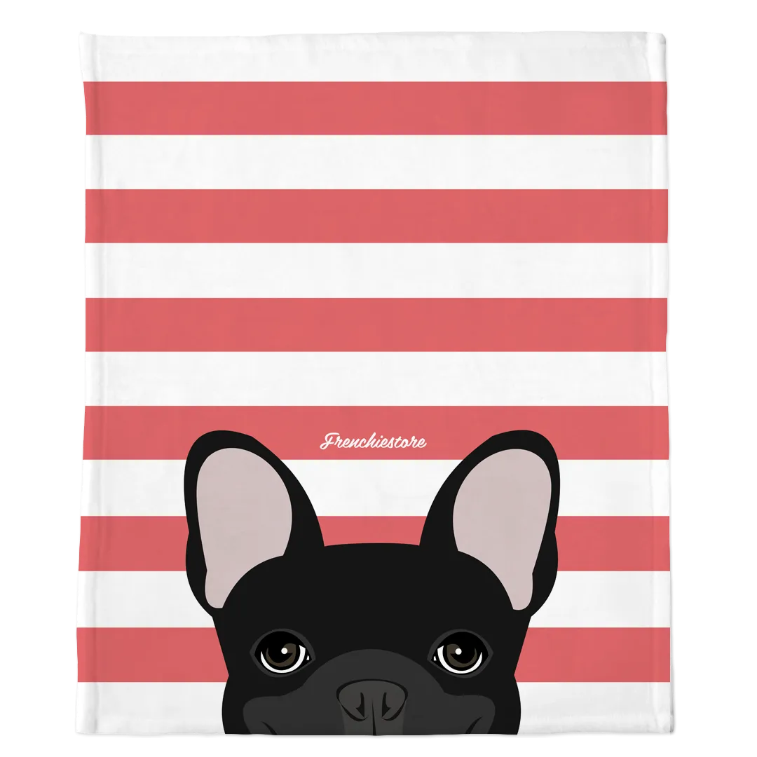Black French Bulldog on Coral Stripes | Frenchie Blanket