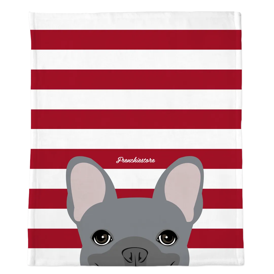 Blue French Bulldog on Red Stripes | Frenchie Blanket