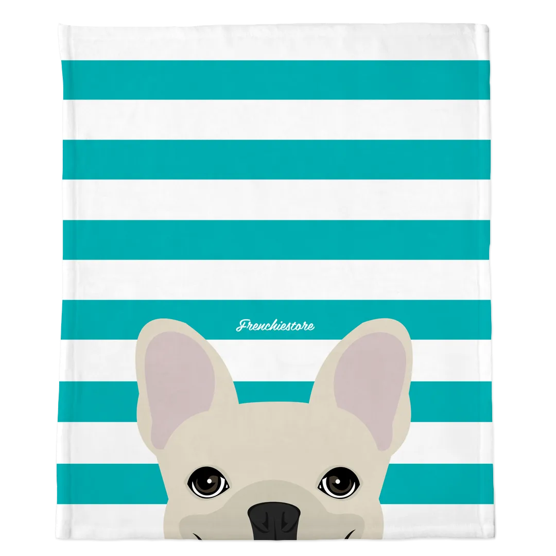 Cream French Bulldog on Teal Stripes | Frenchie Blanket