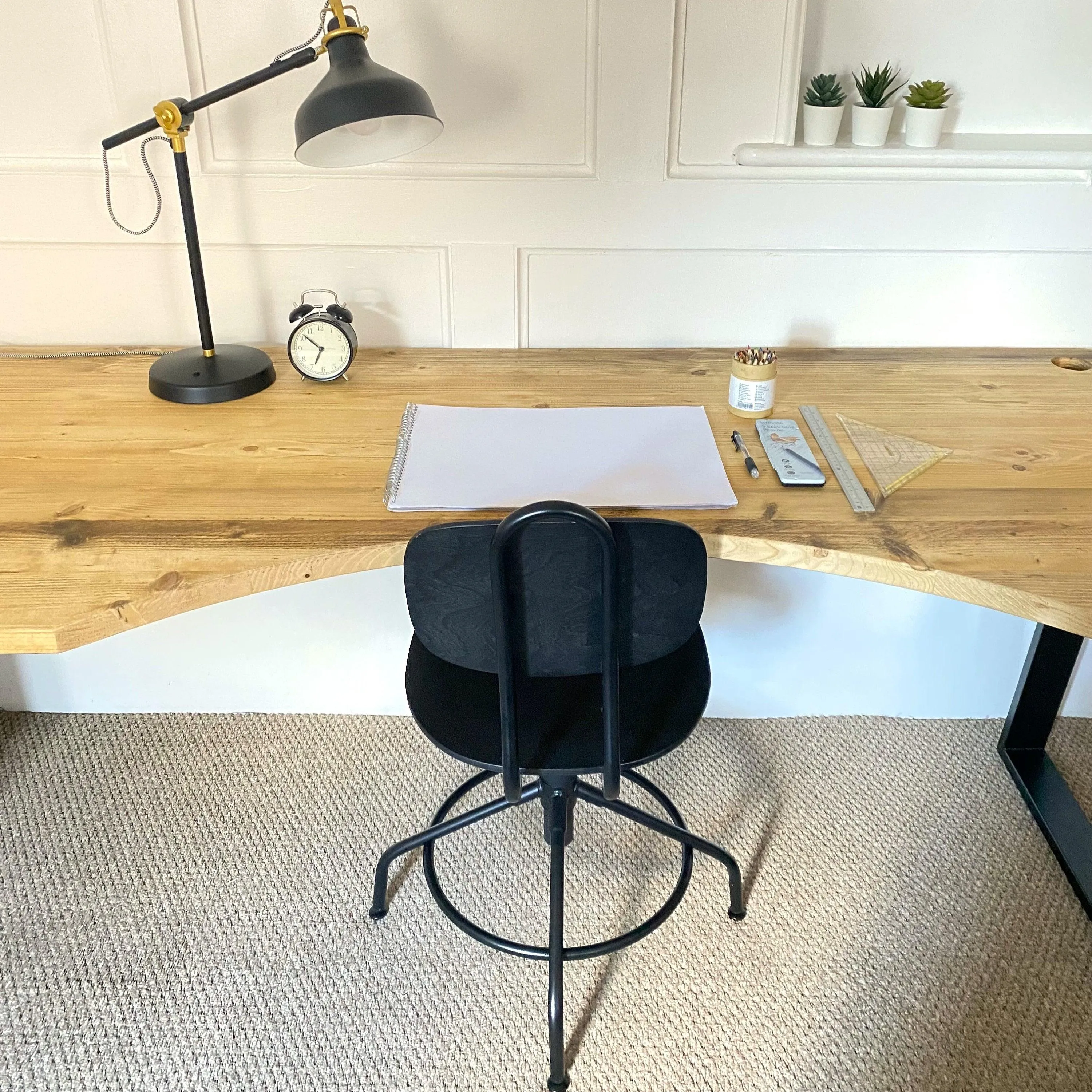DAISI: Reclaimed Curved Desk with Trapezium Legs and Cabling Holes