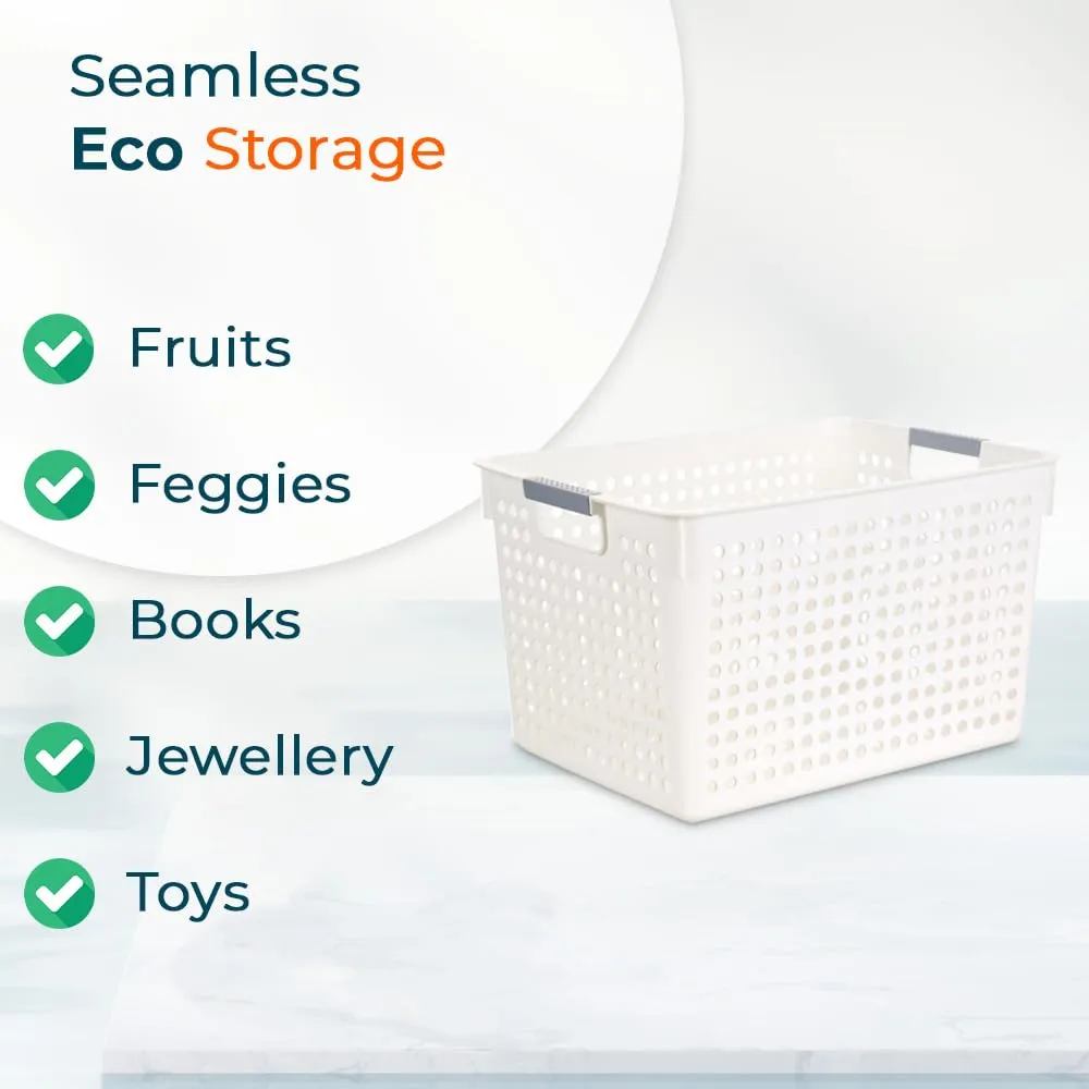 Kuber Industries Large Hollow Storage Basket With Handle|Kitchen & Home Organizer For Wardrobe|Tray For Toys, Fruits, Books-Pack of 3 (White)