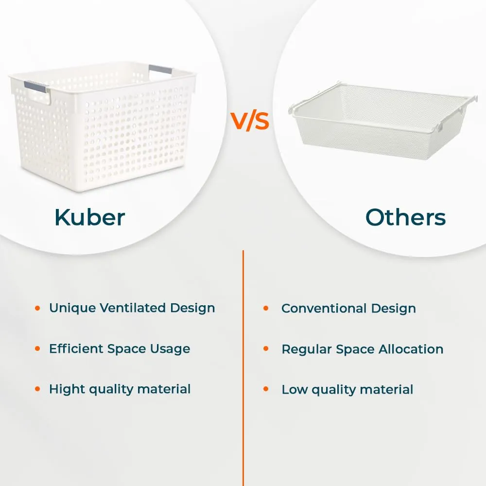 Kuber Industries Large Hollow Storage Basket With Handle|Kitchen & Home Organizer For Wardrobe|Tray For Toys, Fruits, Books-Pack of 3 (White)
