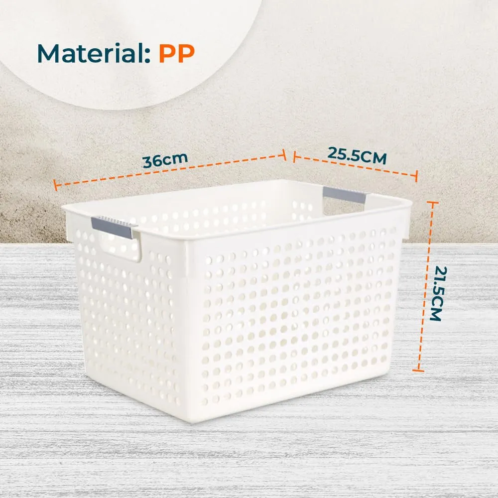 Kuber Industries Large Hollow Storage Basket With Handle|Kitchen & Home Organizer For Wardrobe|Tray For Toys, Fruits, Books-Pack of 3 (White)