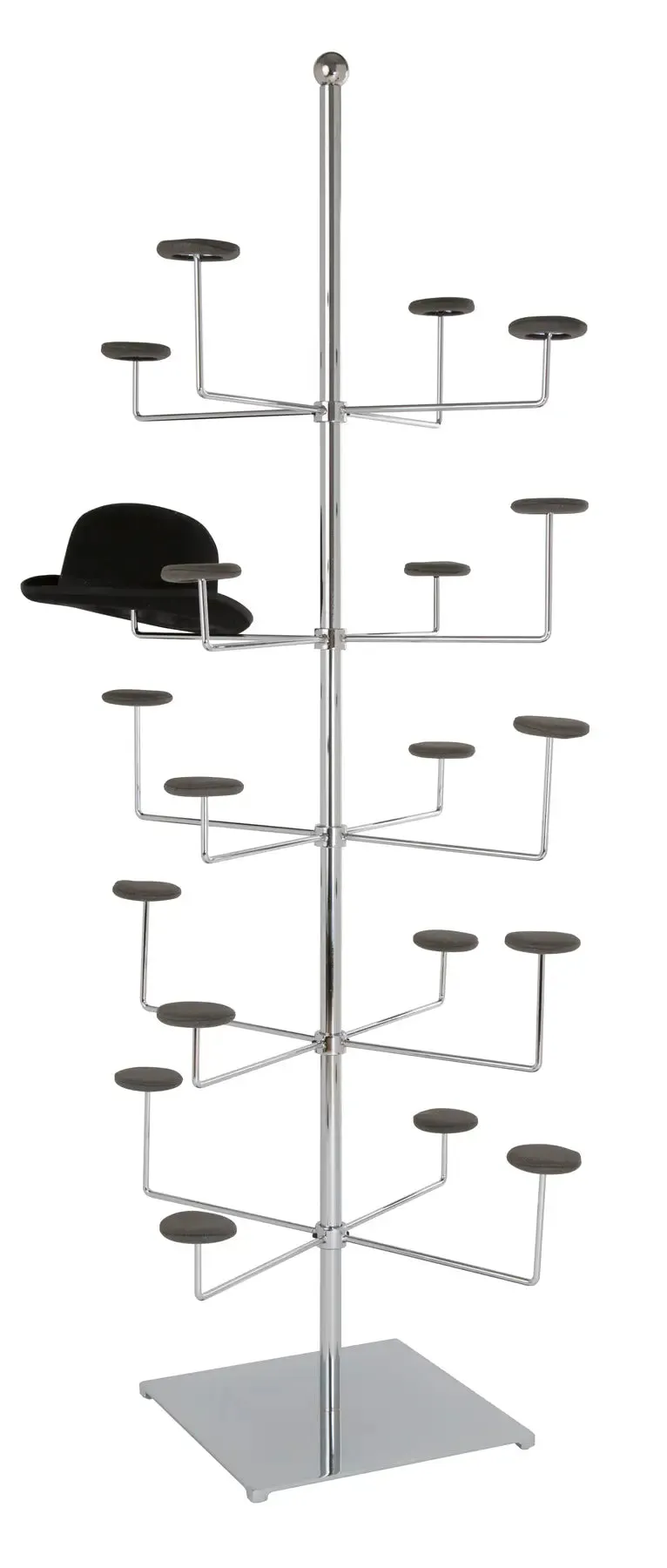 Millinery Display Rack, 5 Tier, Floor Standing, Non-rotating, 14" Square Base, Chrome, Includes Foam Pads