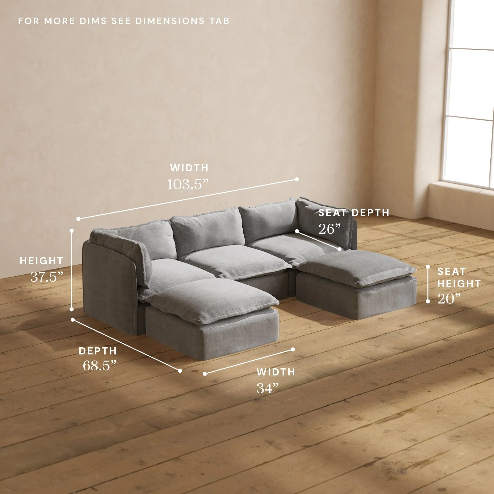Modular Washable 3-Seater U-Sectional in Ash | Deluxe  Seat | Contour Pillow