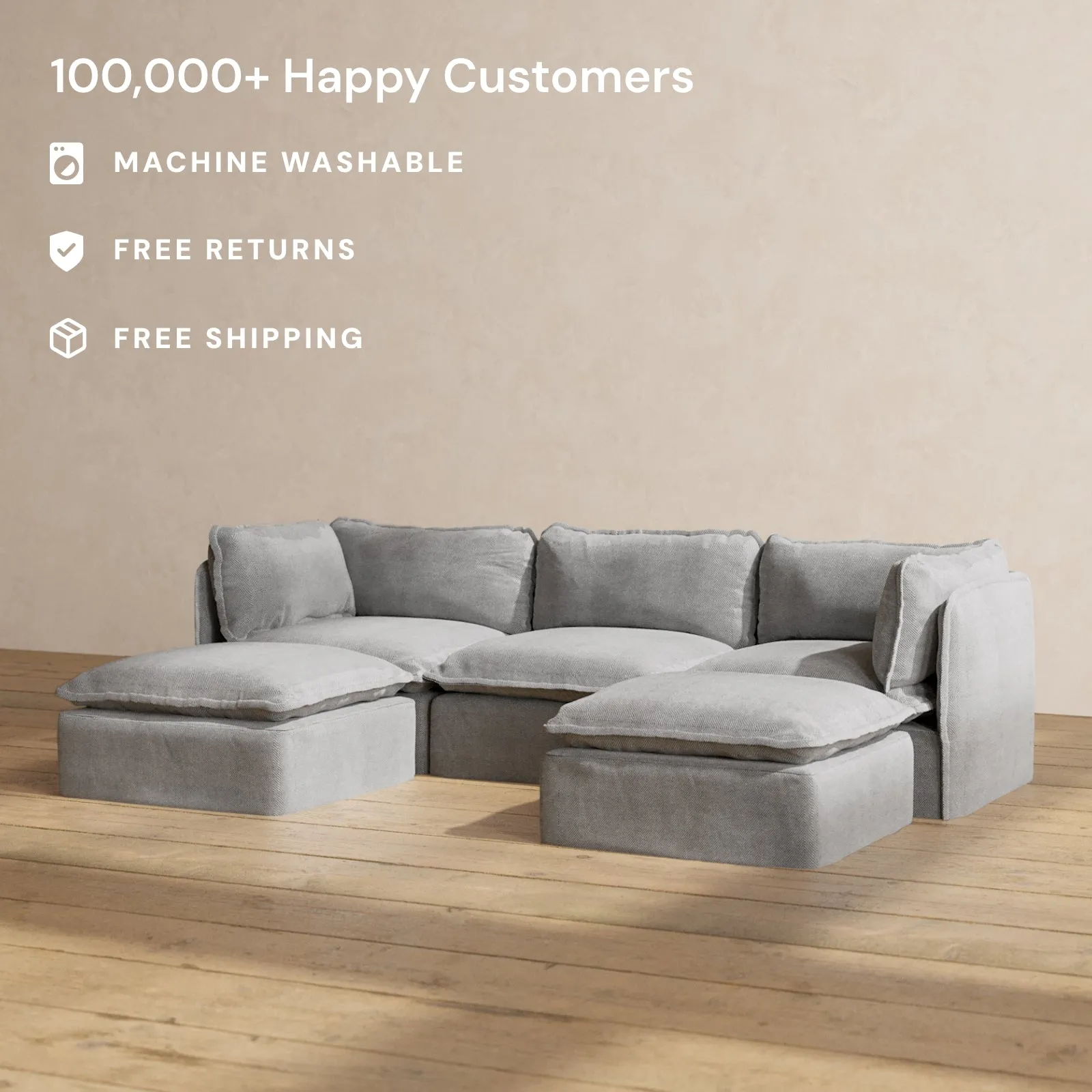 Modular Washable 3-Seater U-Sectional in Ash | Deluxe  Seat | Contour Pillow