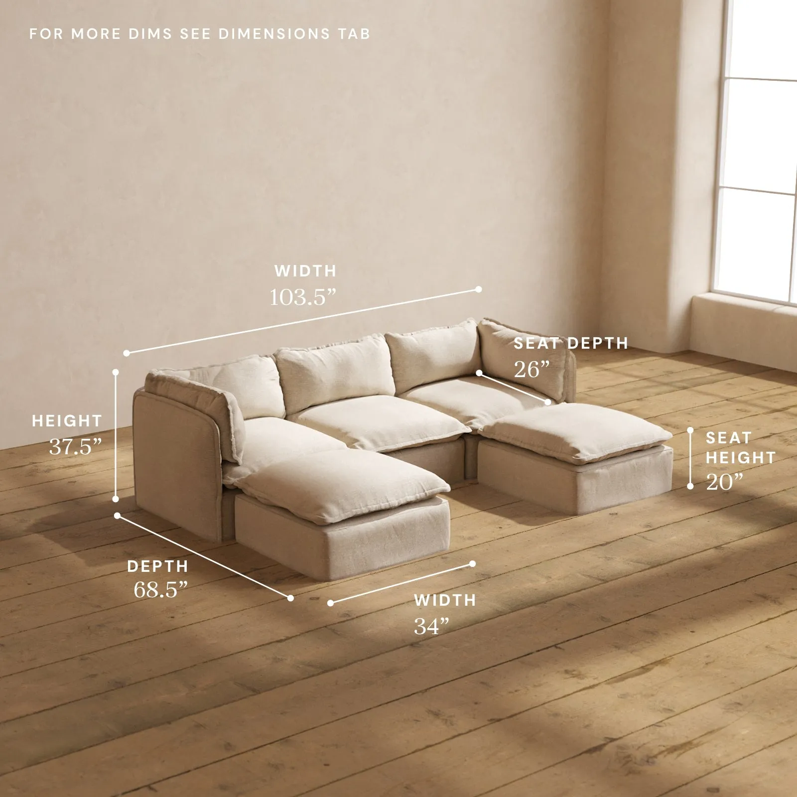 Modular Washable 3-Seater U-Sectional in Oat | Deluxe  Seat | Contour Pillow