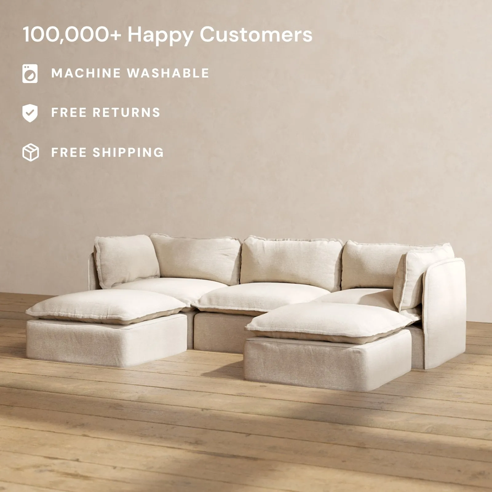 Modular Washable 3-Seater U-Sectional in Oat | Deluxe  Seat | Contour Pillow