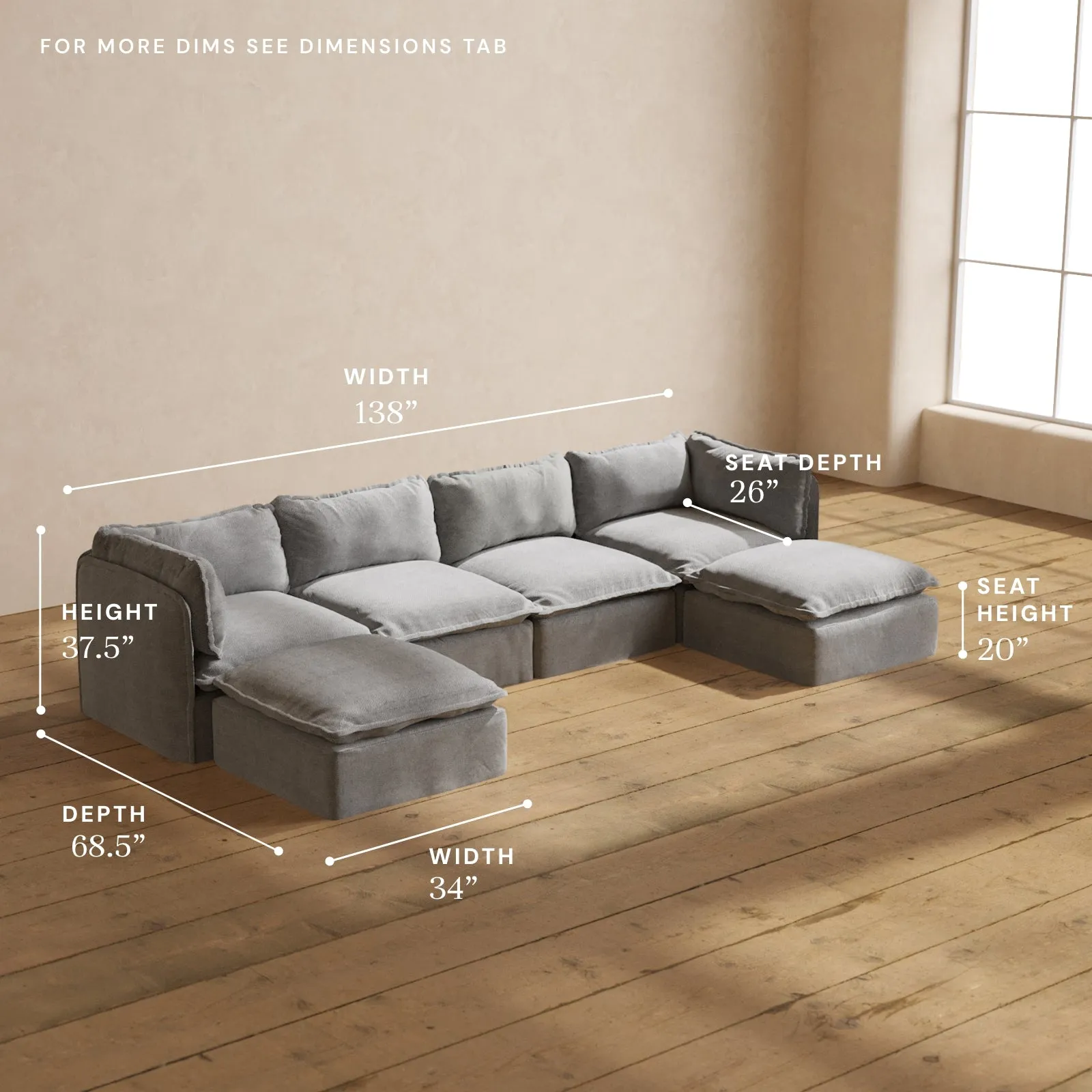 Modular Washable 4-Seater U-Sectional in Ash | Deluxe  Seat | Contour Pillow