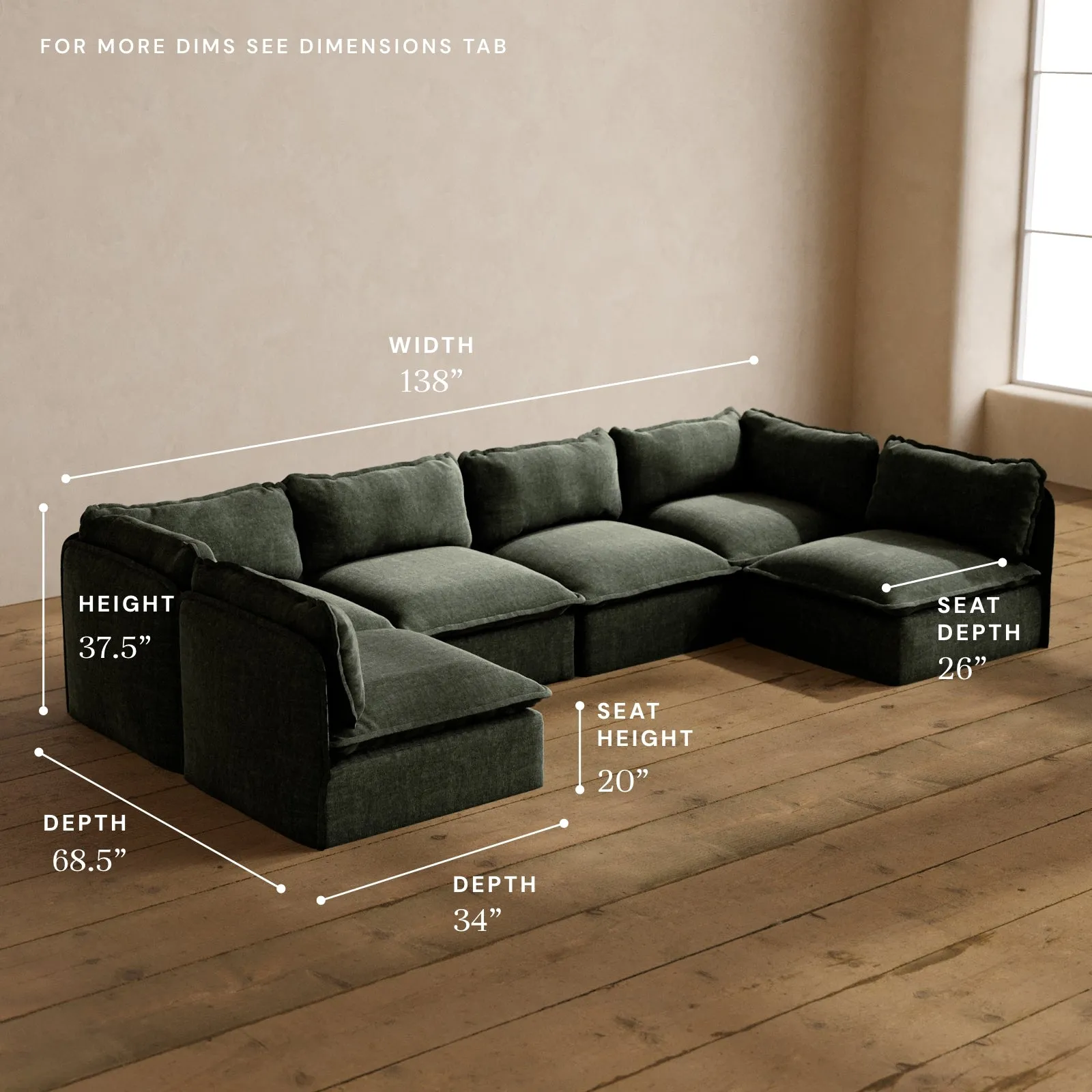 Modular Washable 6-Seater Open-Ends U-Sectional in Willow | Deluxe  Seat | Contour Pillow
