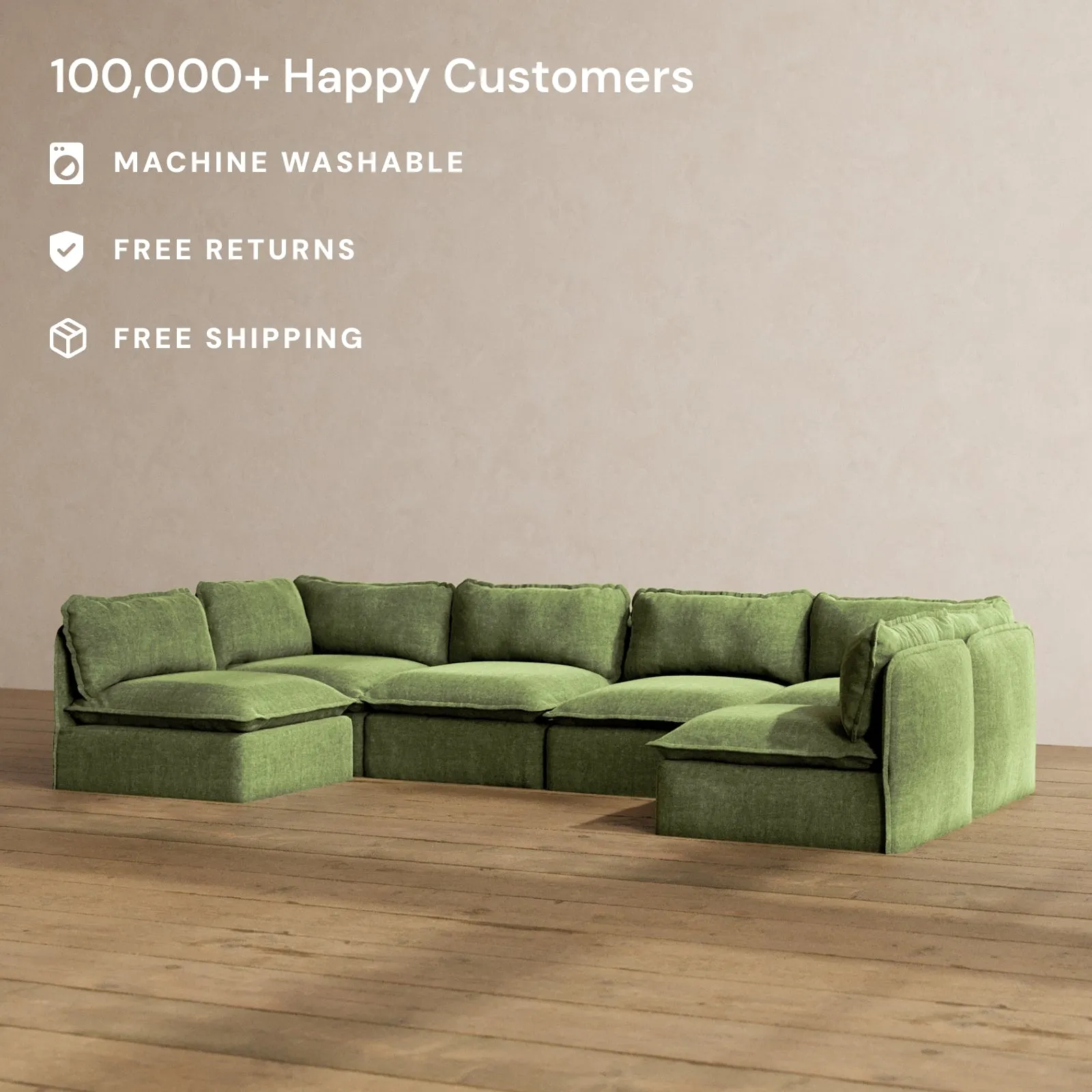 Modular Washable 6-Seater Open-Ends U-Sectional in Willow | Deluxe  Seat | Contour Pillow