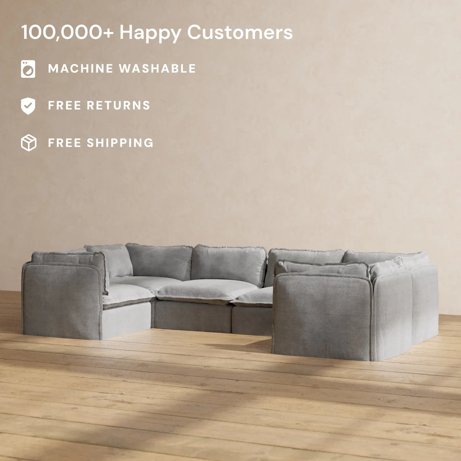 Modular Washable 6-Seater U-Sectional in Ash | Deluxe  Seat | Contour Pillow