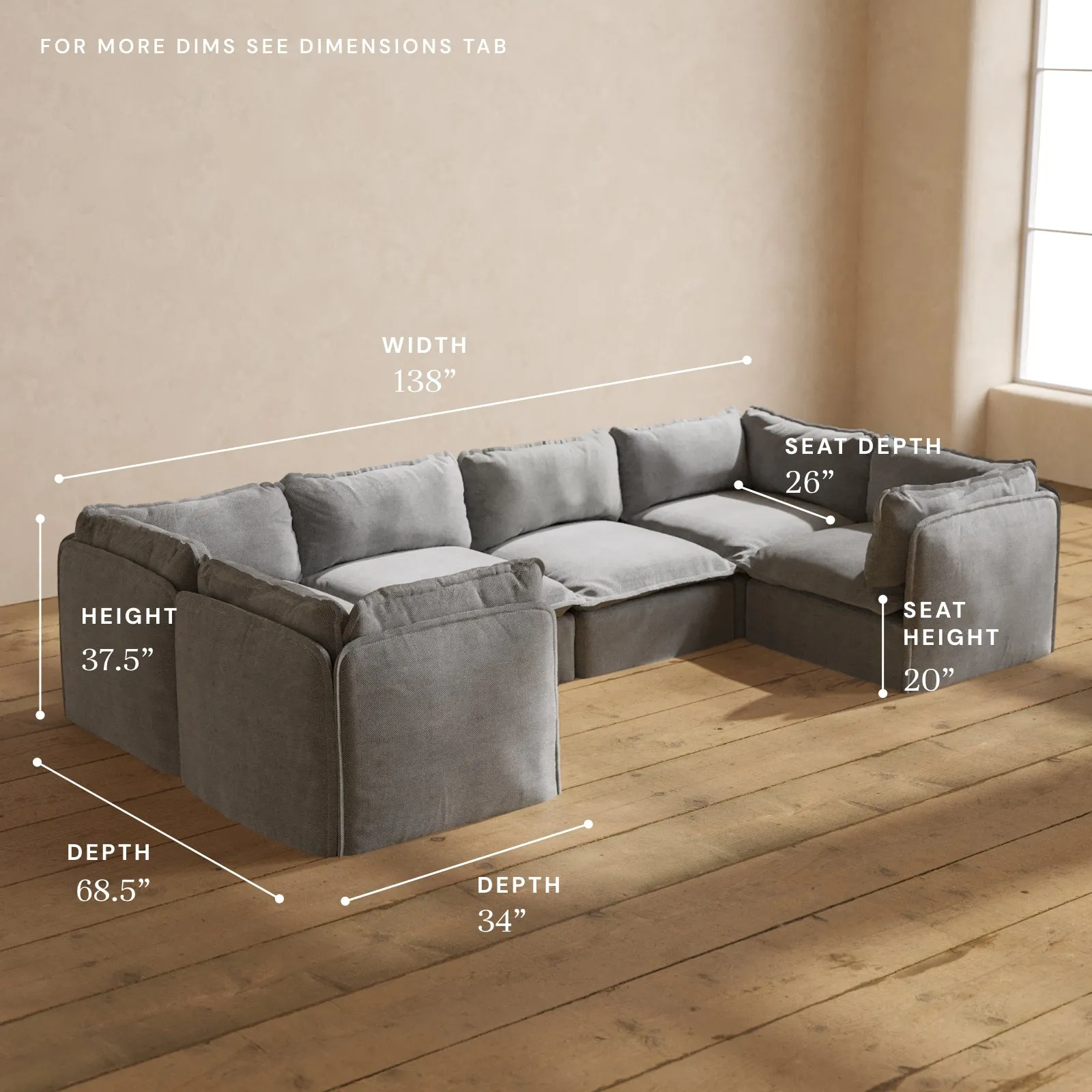 Modular Washable 6-Seater U-Sectional in Ash | Deluxe  Seat | Contour Pillow