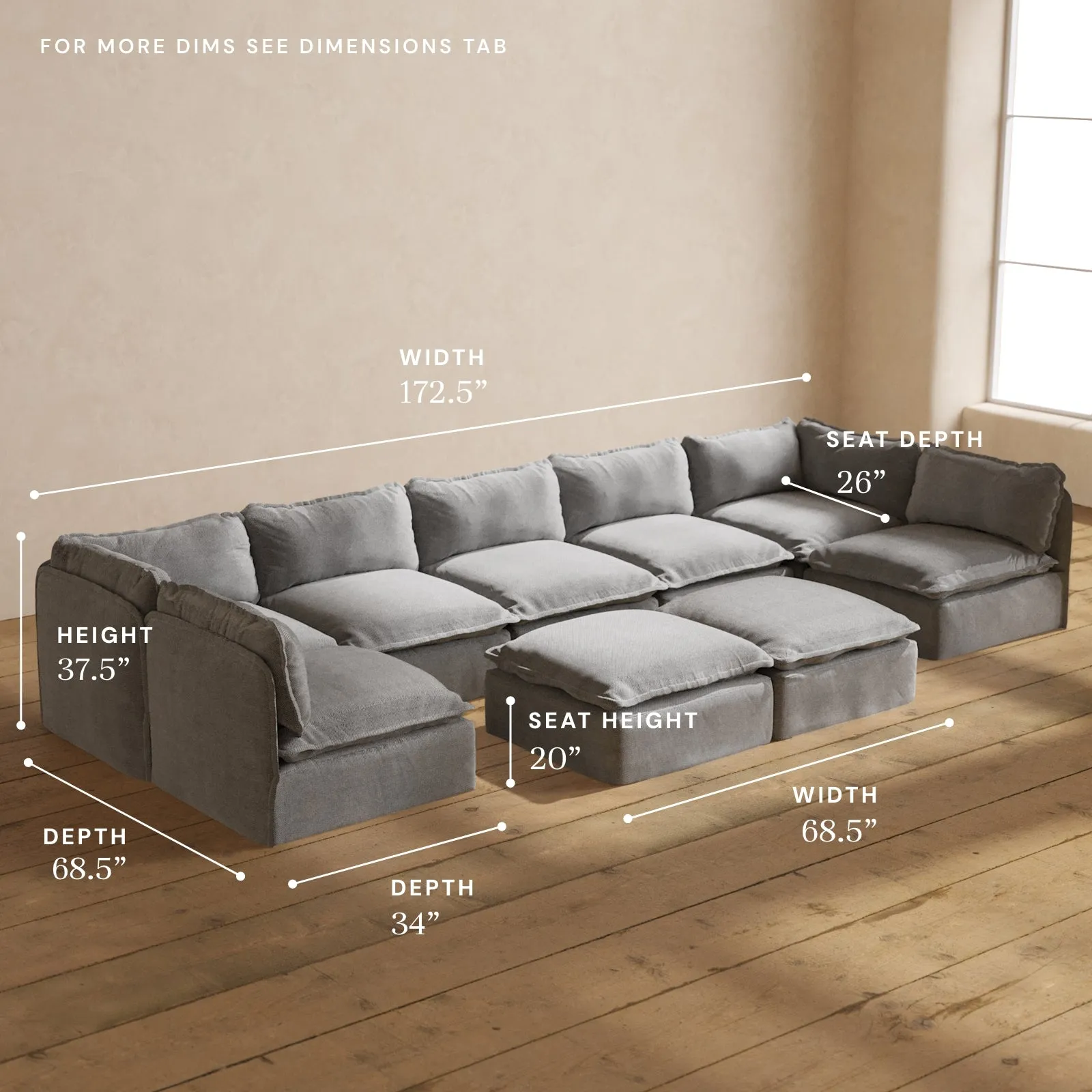 Modular Washable 7-Seater Open-Ends U-Sectional   Bench Ottoman in Ash | Deluxe  Seat | Contour Pillow