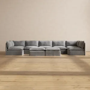 Modular Washable 7-Seater Open-Ends U-Sectional   Bench Ottoman in Ash | Deluxe  Seat | Contour Pillow
