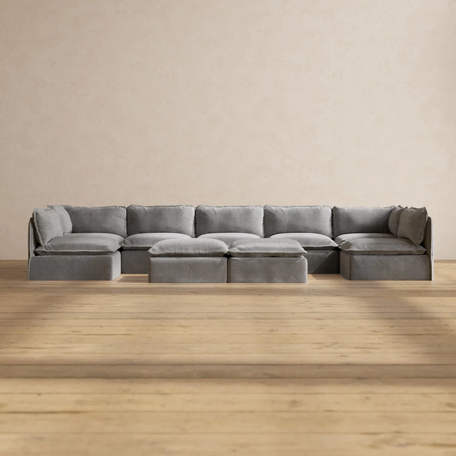 Modular Washable 7-Seater Open-Ends U-Sectional   Bench Ottoman in Ash | Deluxe  Seat | Contour Pillow