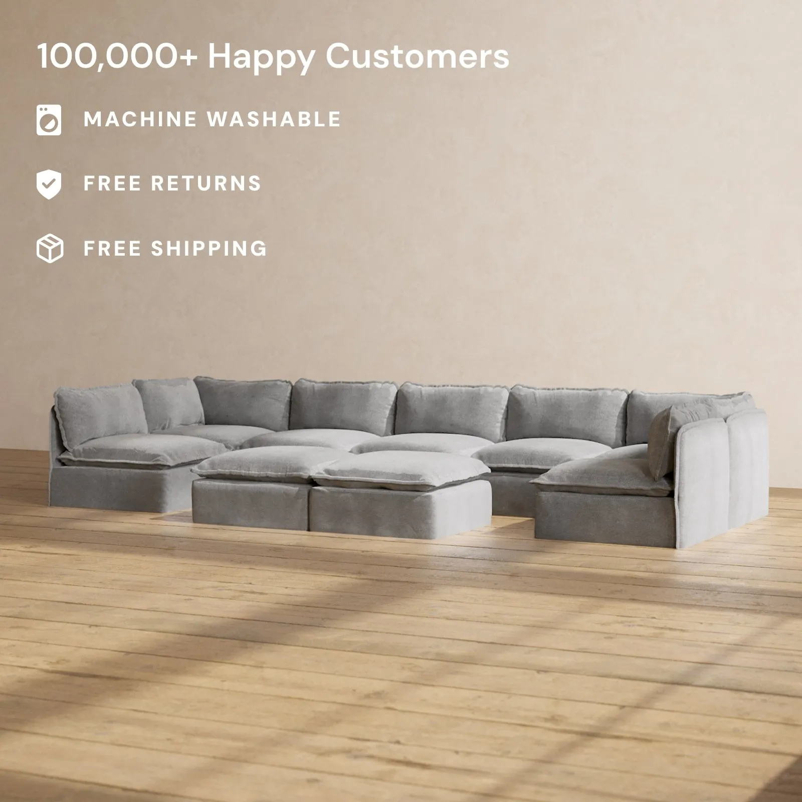Modular Washable 7-Seater Open-Ends U-Sectional   Bench Ottoman in Ash | Deluxe  Seat | Contour Pillow