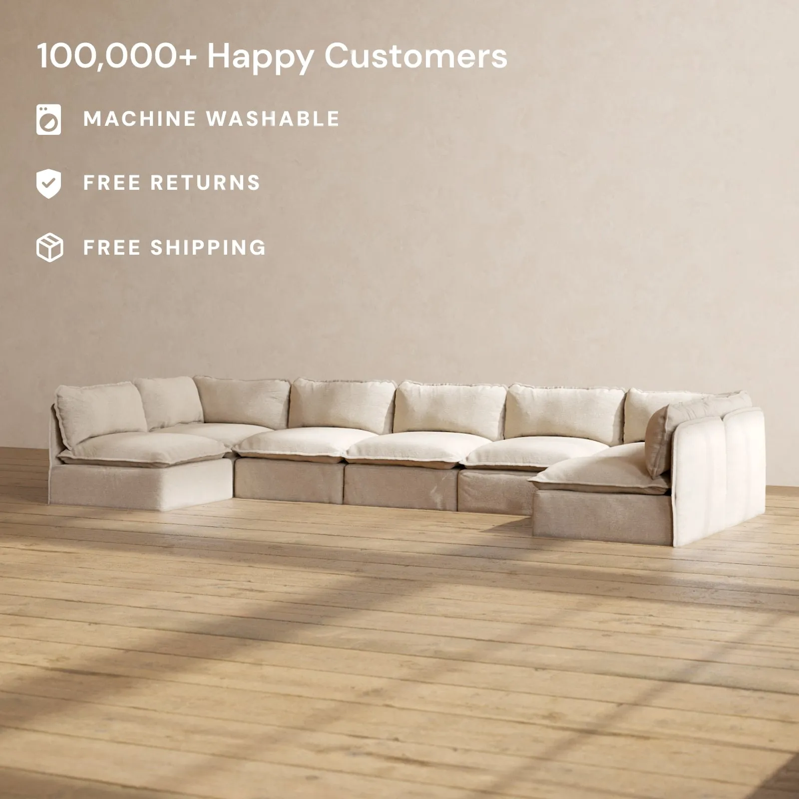 Modular Washable 7-Seater Open-Ends U-Sectional in Oat | Deluxe  Seat | Contour Pillow