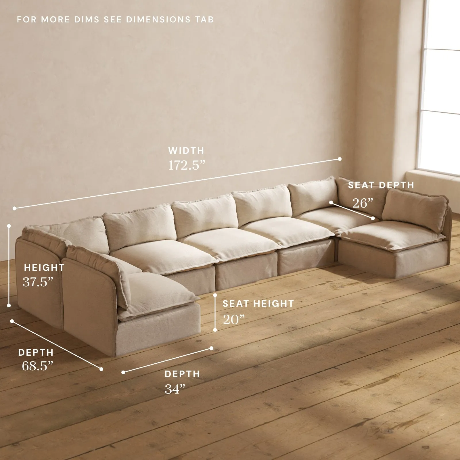 Modular Washable 7-Seater Open-Ends U-Sectional in Oat | Deluxe  Seat | Contour Pillow