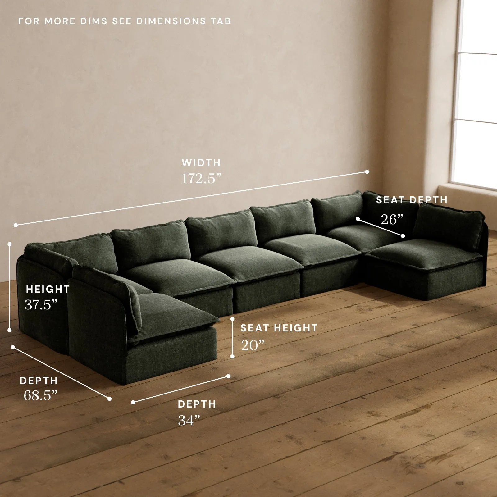 Modular Washable 7-Seater Open-Ends U-Sectional in Willow | Deluxe  Seat | Contour Pillow