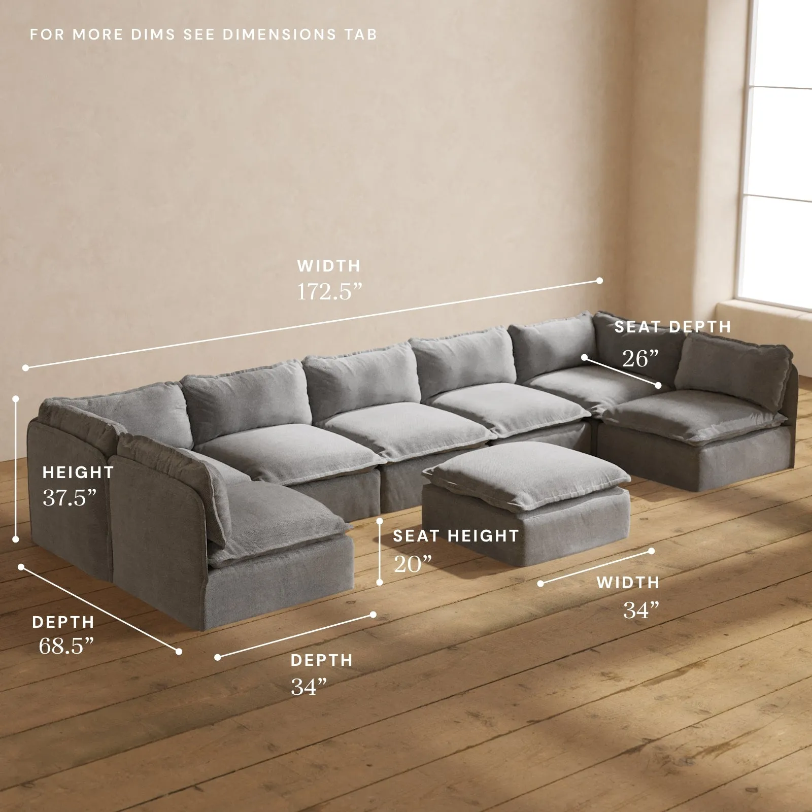 Modular Washable 7-Seater Open-Ends U-Sectional   Ottoman in Ash | Deluxe  Seat | Contour Pillow