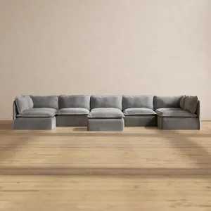 Modular Washable 7-Seater Open-Ends U-Sectional   Ottoman in Ash | Deluxe  Seat | Contour Pillow
