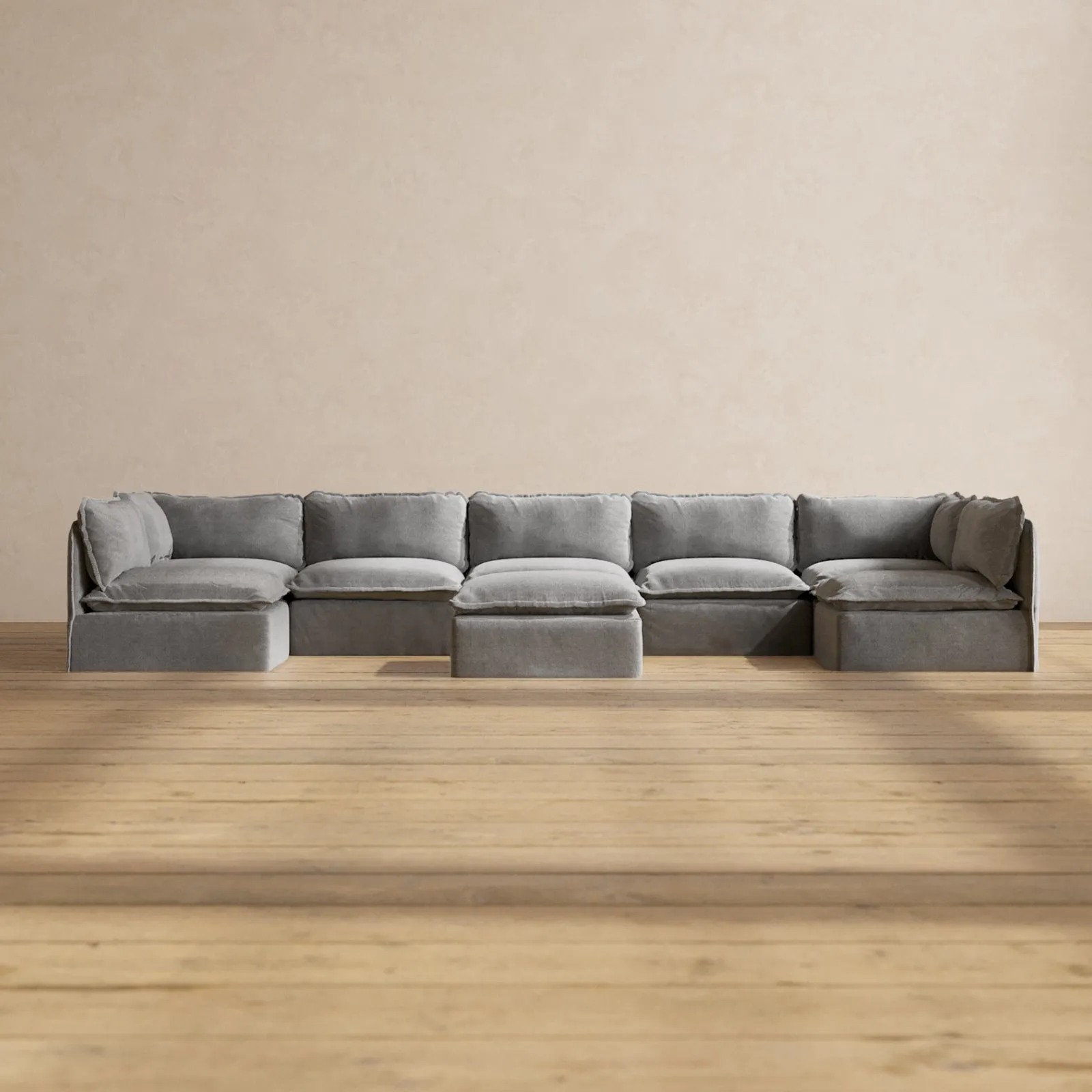 Modular Washable 7-Seater Open-Ends U-Sectional   Ottoman in Ash | Deluxe  Seat | Contour Pillow