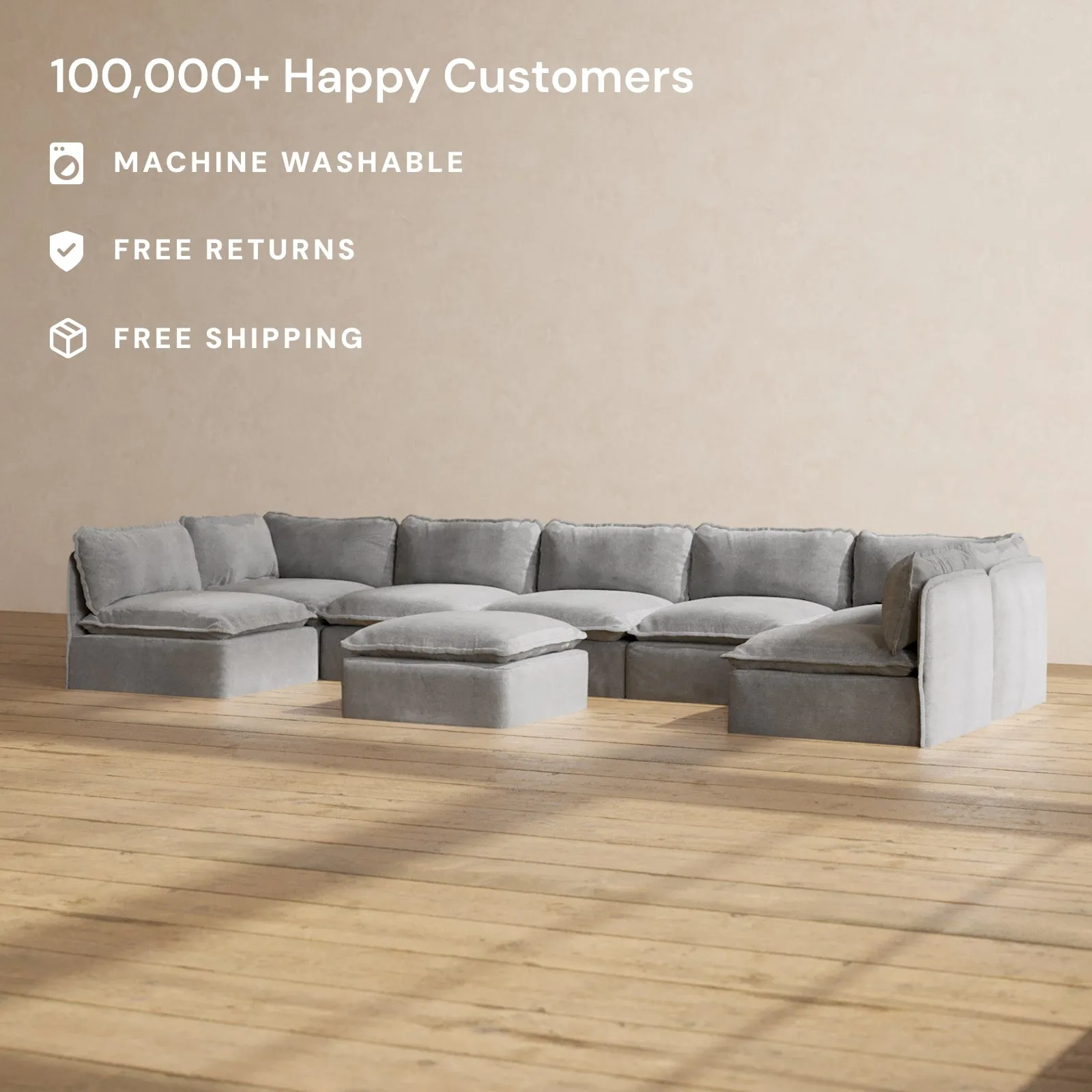 Modular Washable 7-Seater Open-Ends U-Sectional   Ottoman in Ash | Deluxe  Seat | Contour Pillow