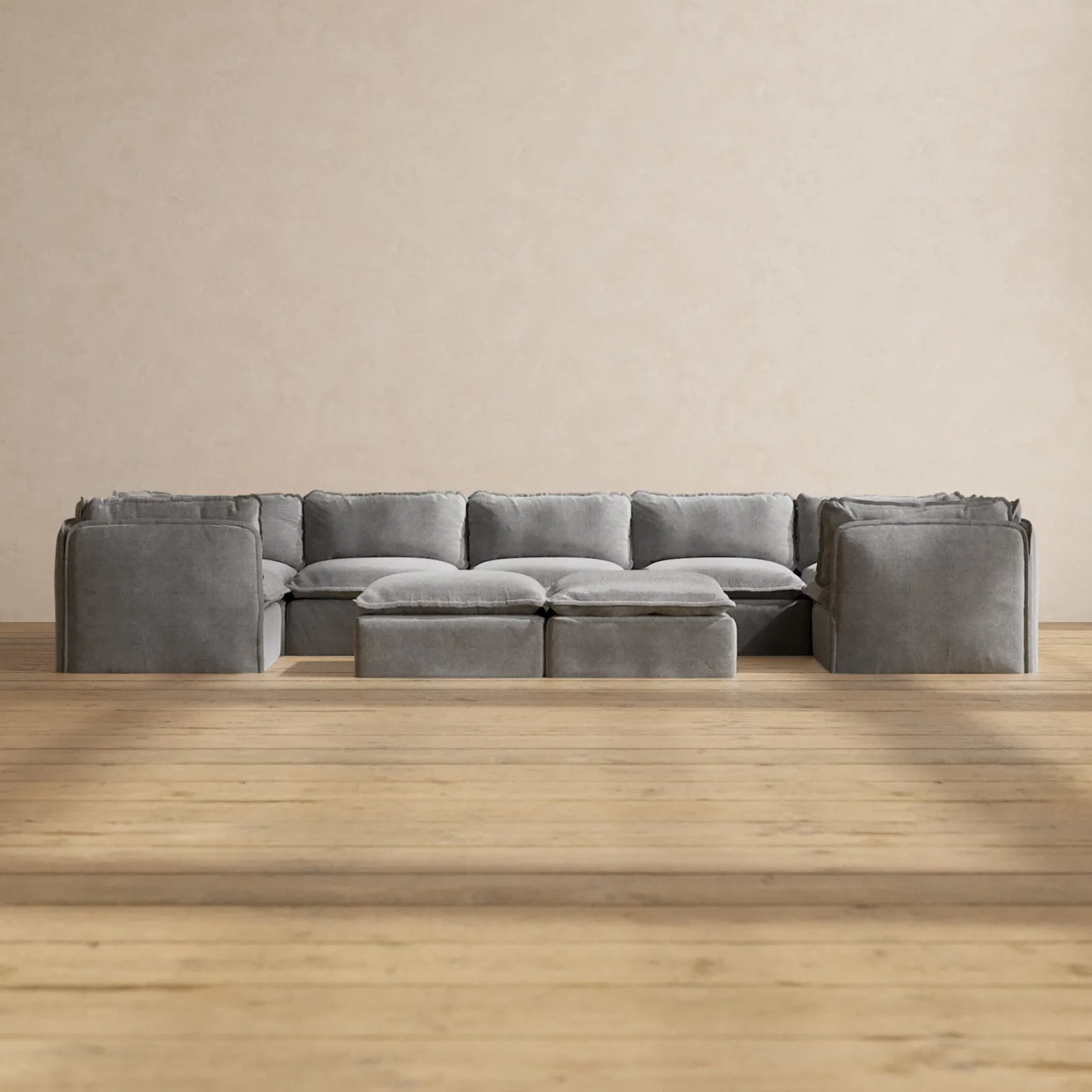 Modular Washable 7-Seater U-Sectional   Bench Ottoman in Ash | Deluxe  Seat | Contour Pillow
