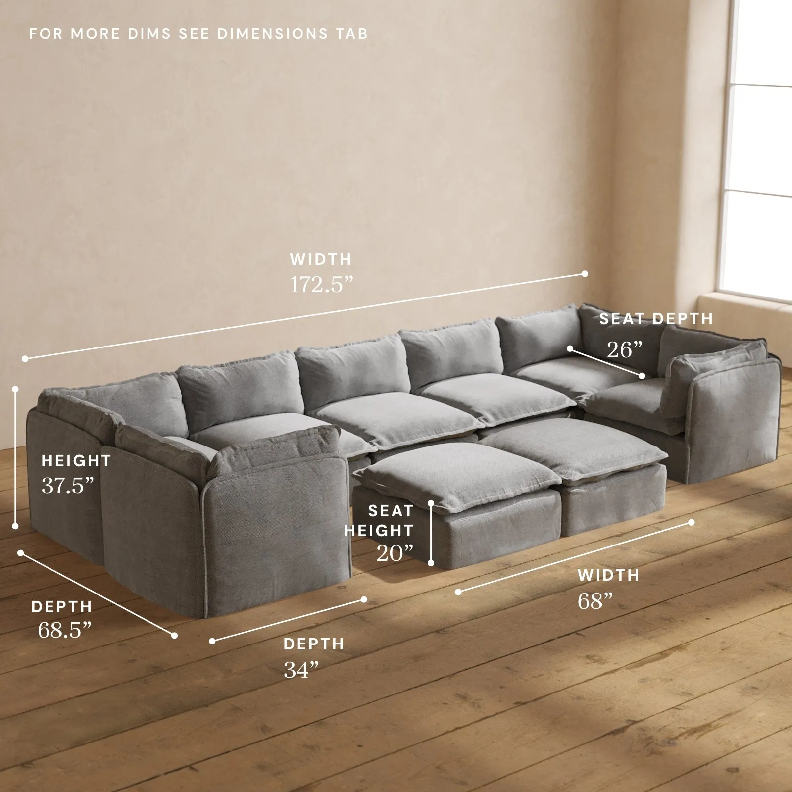 Modular Washable 7-Seater U-Sectional   Bench Ottoman in Ash | Deluxe  Seat | Contour Pillow