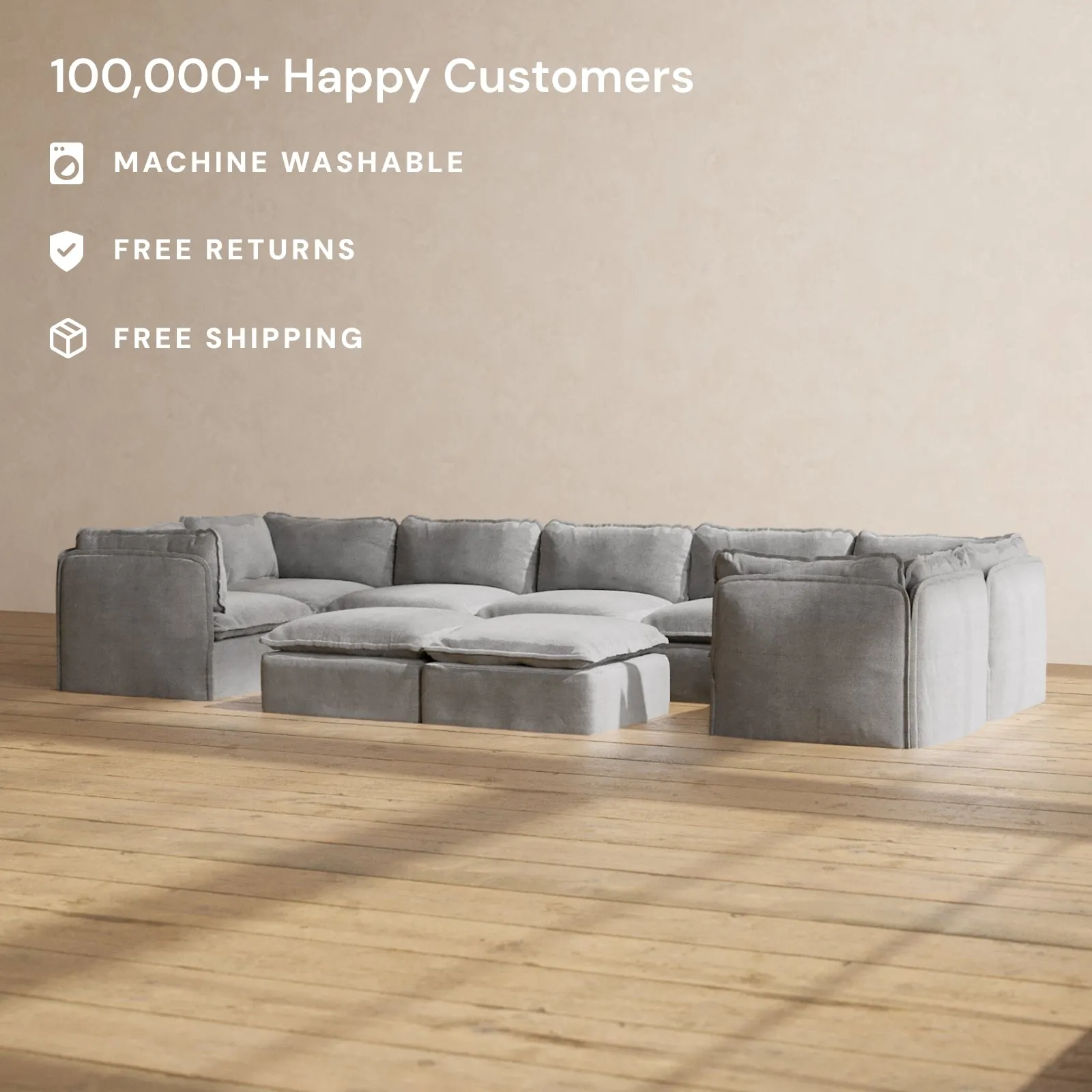 Modular Washable 7-Seater U-Sectional   Bench Ottoman in Ash | Deluxe  Seat | Contour Pillow