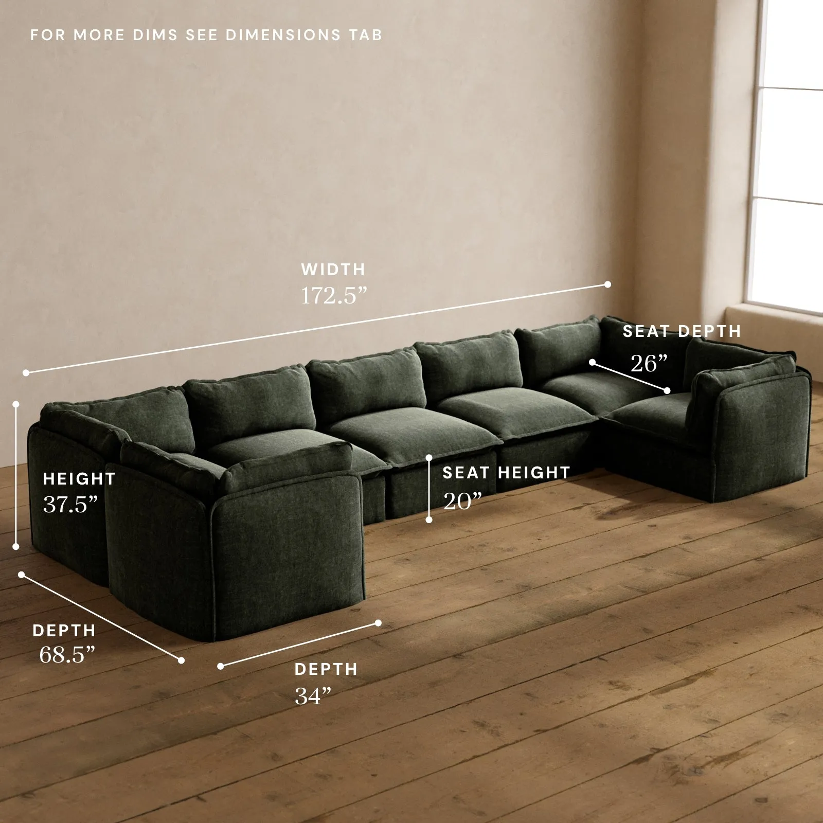 Modular Washable 7-Seater U-Sectional in Willow | Deluxe  Seat | Contour Pillow
