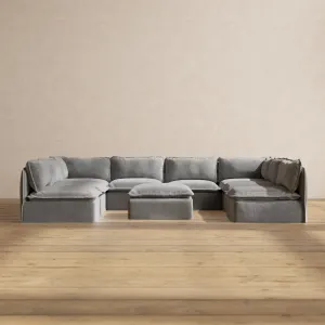 Modular Washable 8-Seater Open-Ends U-Sectional   Ottoman in Ash | Deluxe  Seat | Contour Pillow