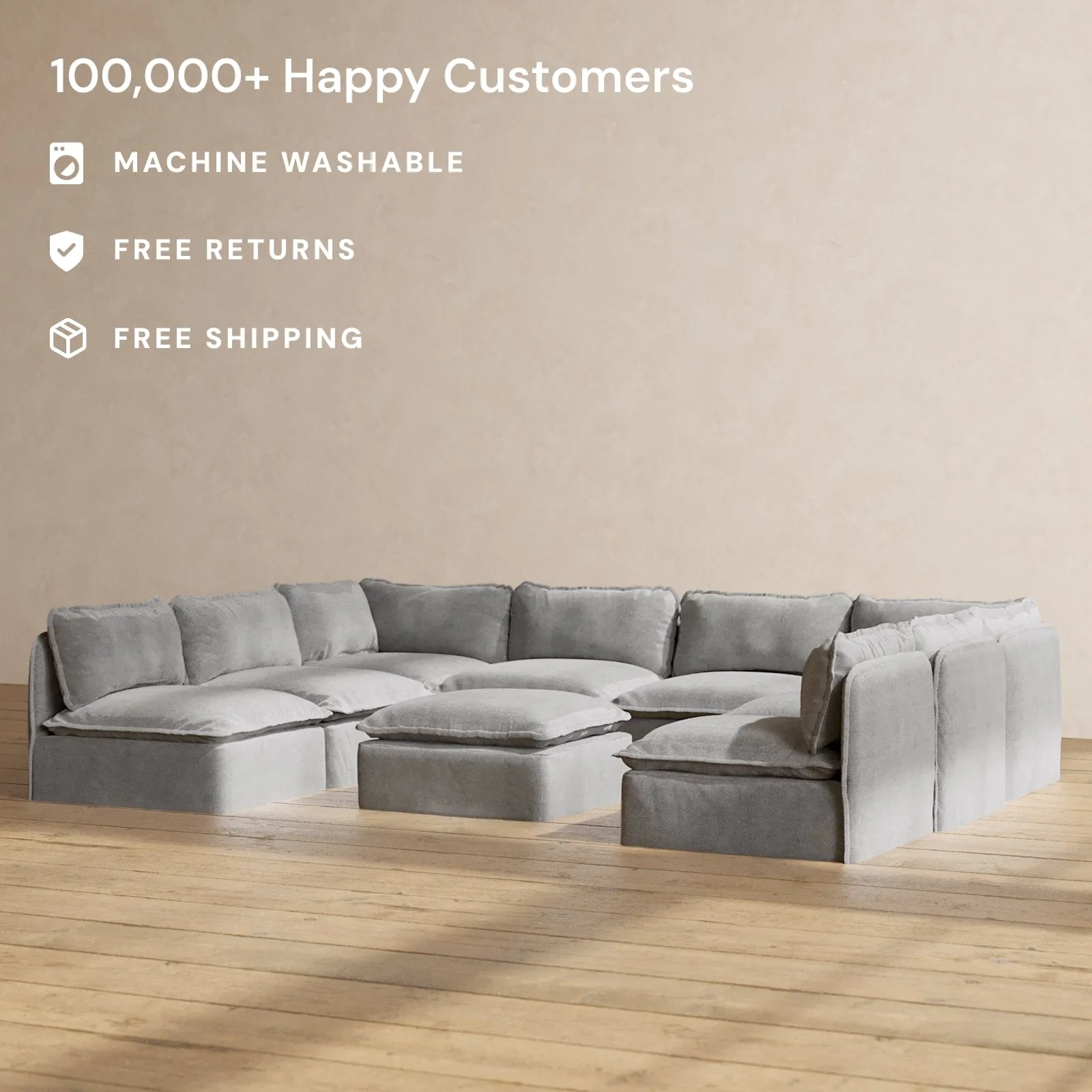 Modular Washable 8-Seater Open-Ends U-Sectional   Ottoman in Ash | Deluxe  Seat | Contour Pillow