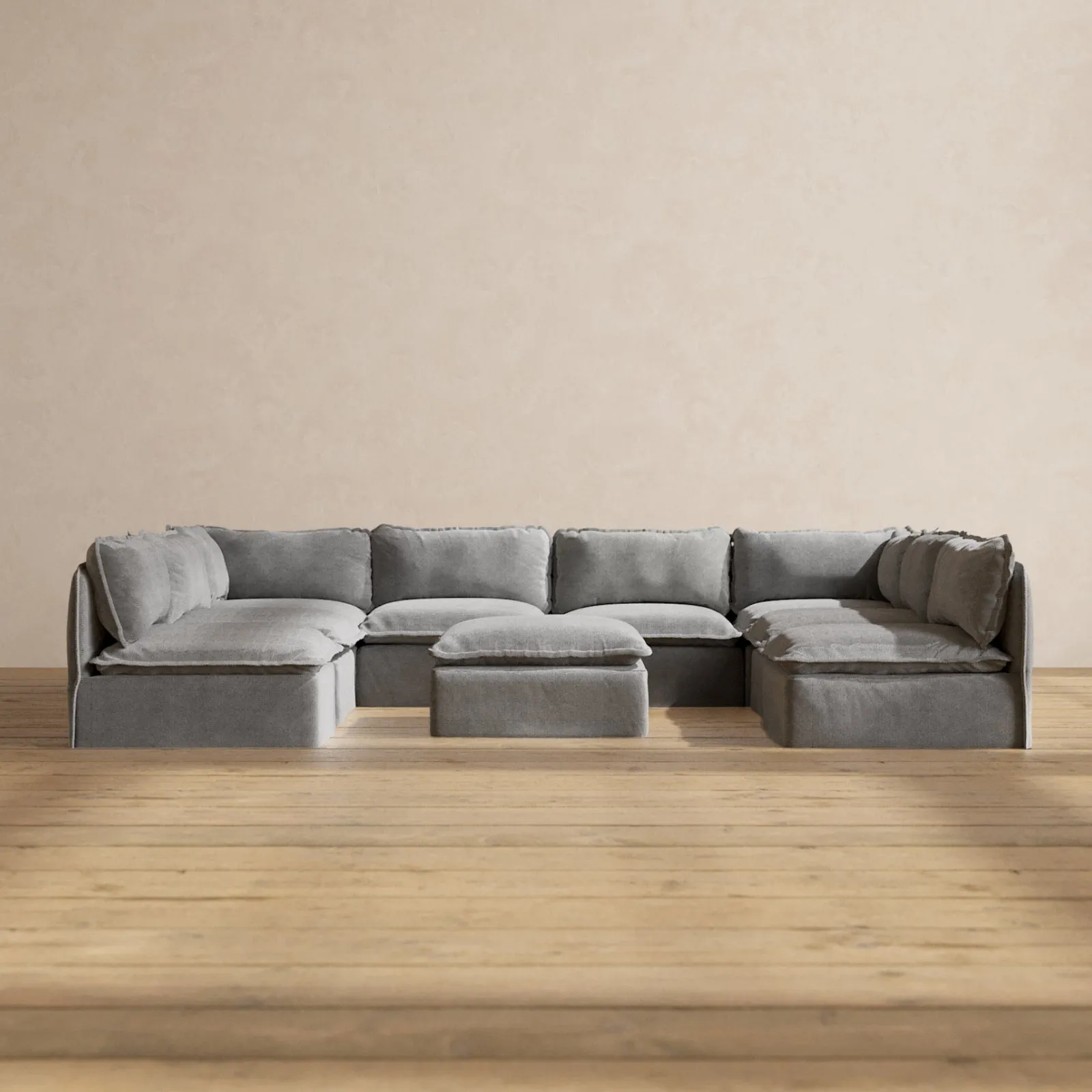 Modular Washable 8-Seater Open-Ends U-Sectional   Ottoman in Ash | Deluxe  Seat | Contour Pillow