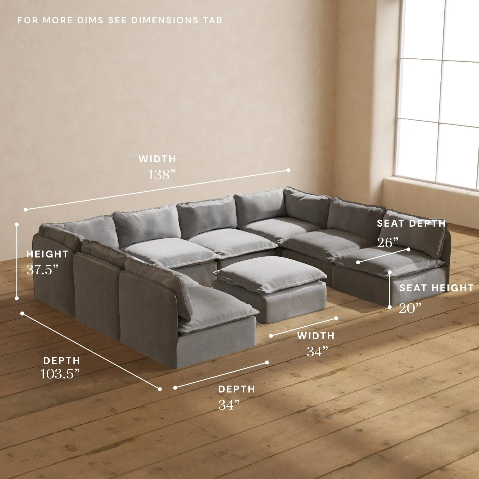 Modular Washable 8-Seater Open-Ends U-Sectional   Ottoman in Ash | Deluxe  Seat | Contour Pillow