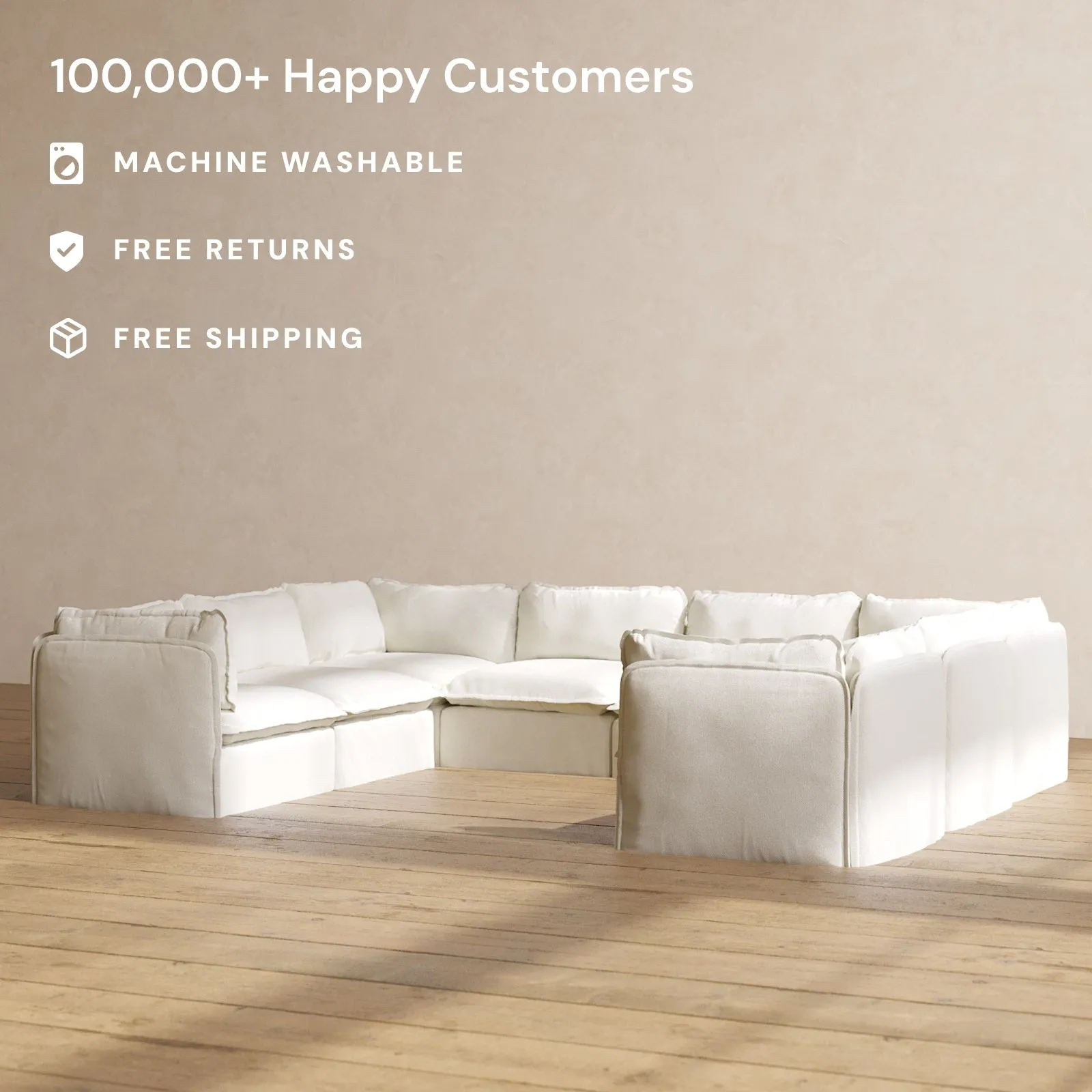 Modular Washable 8-Seater U-Sectional in Eggshell | Deluxe  Seat | Contour Pillow