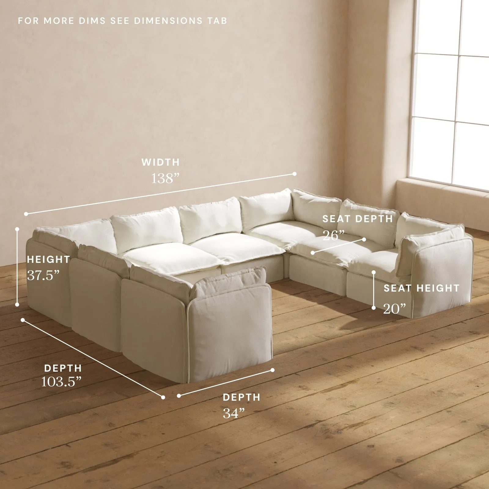 Modular Washable 8-Seater U-Sectional in Eggshell | Deluxe  Seat | Contour Pillow