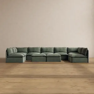 Modular Washable 9-Seater Open-Ends U-Sectional   Bench Ottoman in Willow | Deluxe  Seat | Contour Pillow
