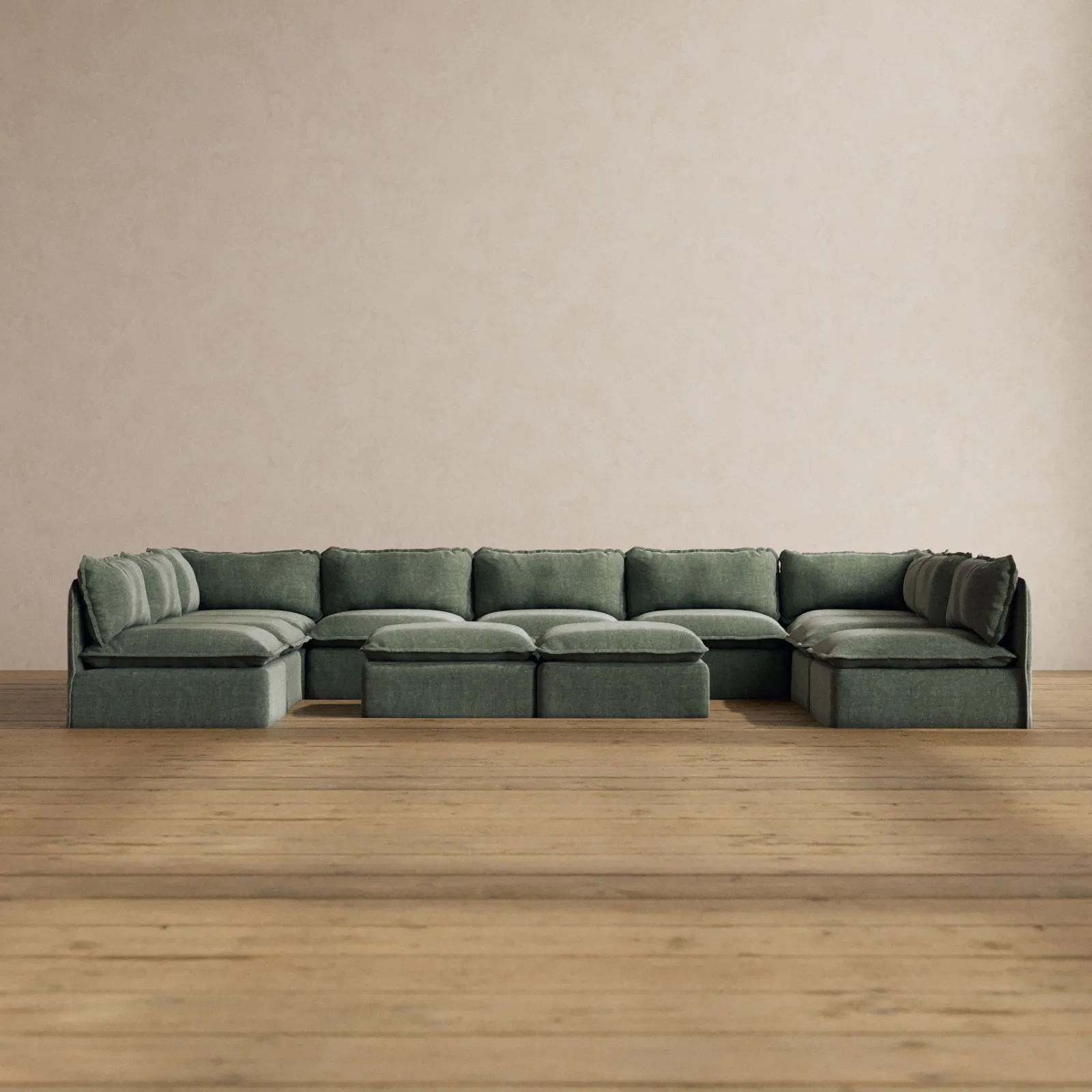 Modular Washable 9-Seater Open-Ends U-Sectional   Bench Ottoman in Willow | Deluxe  Seat | Contour Pillow