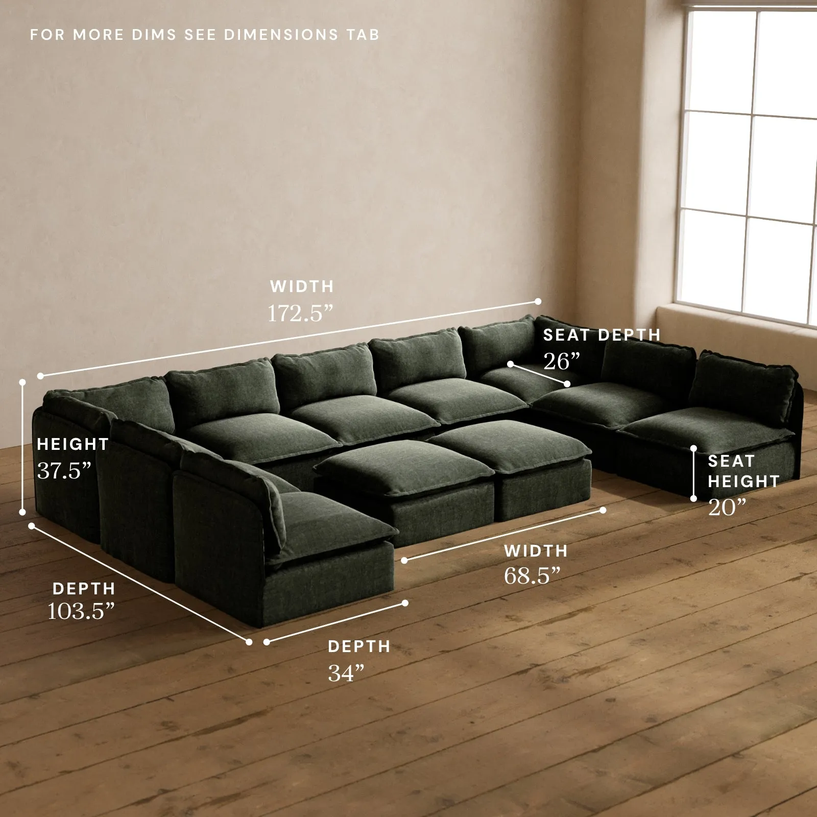 Modular Washable 9-Seater Open-Ends U-Sectional   Bench Ottoman in Willow | Deluxe  Seat | Contour Pillow