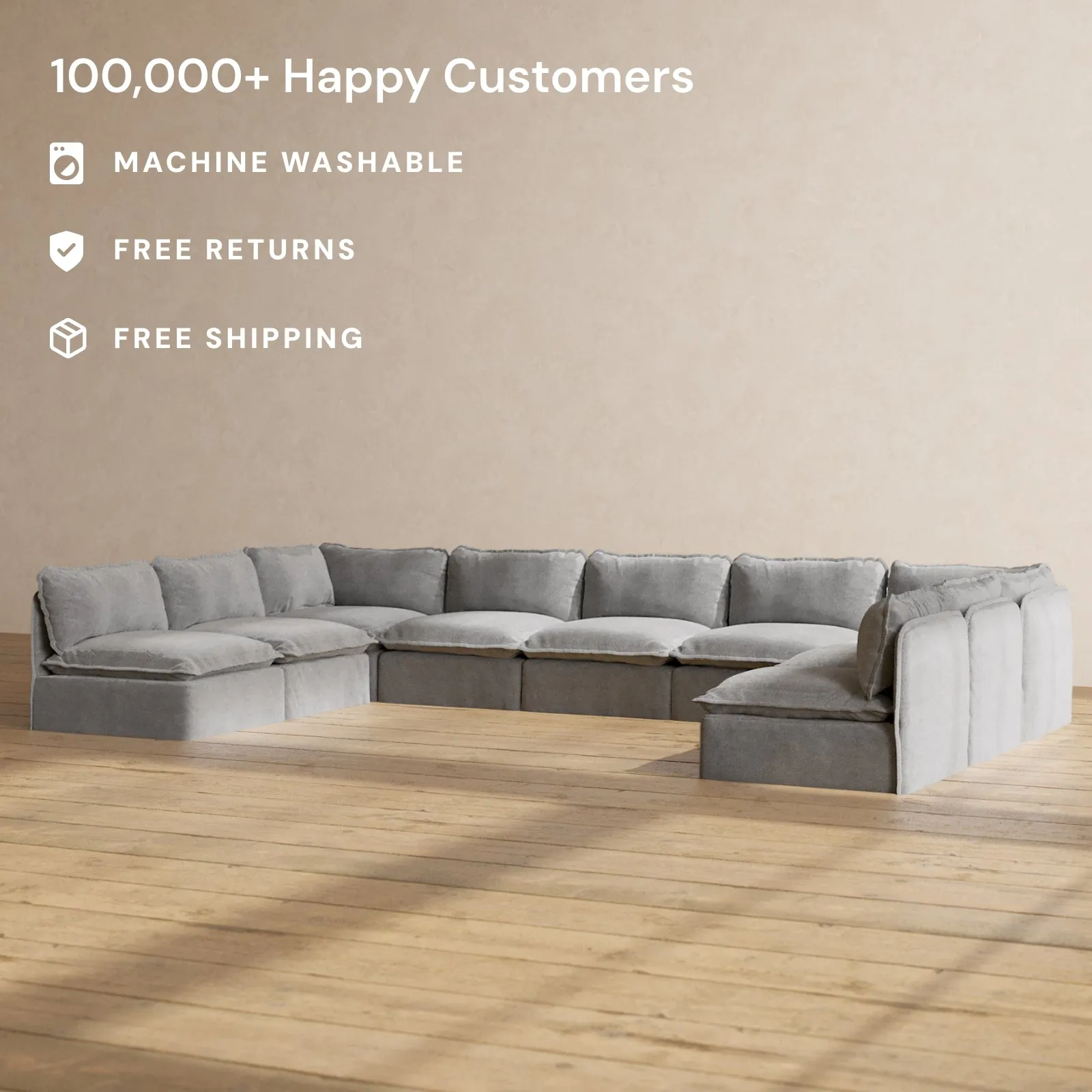 Modular Washable 9-Seater Open-Ends U-Sectional in Ash | Deluxe  Seat | Contour Pillow
