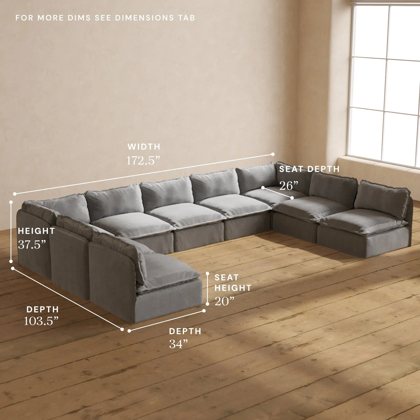 Modular Washable 9-Seater Open-Ends U-Sectional in Ash | Deluxe  Seat | Contour Pillow