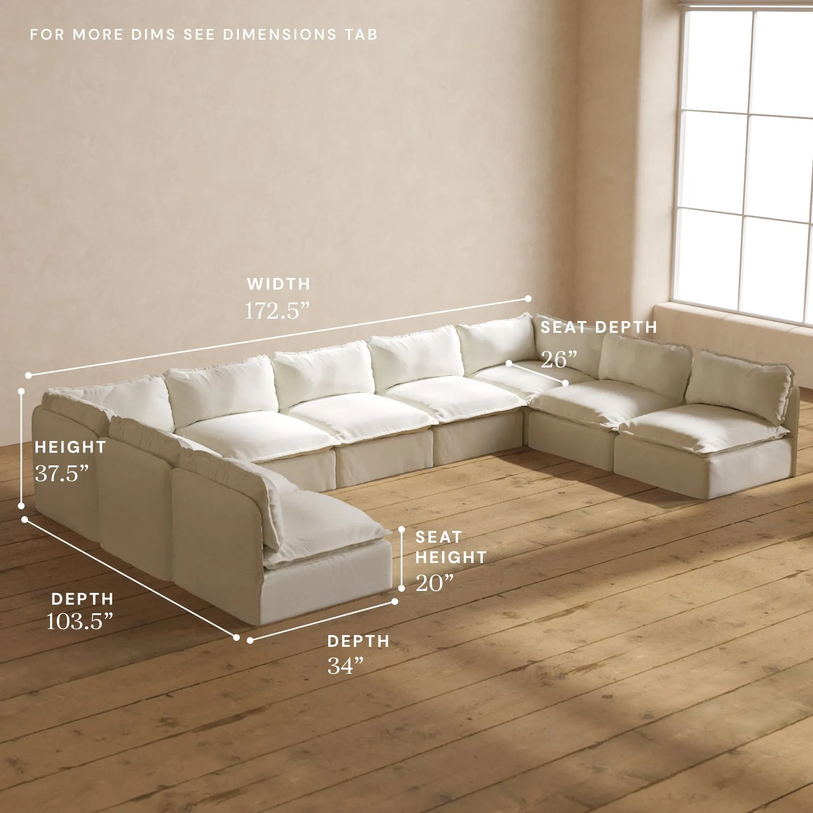 Modular Washable 9-Seater Open-Ends U-Sectional in Eggshell | Deluxe  Seat | Contour Pillow