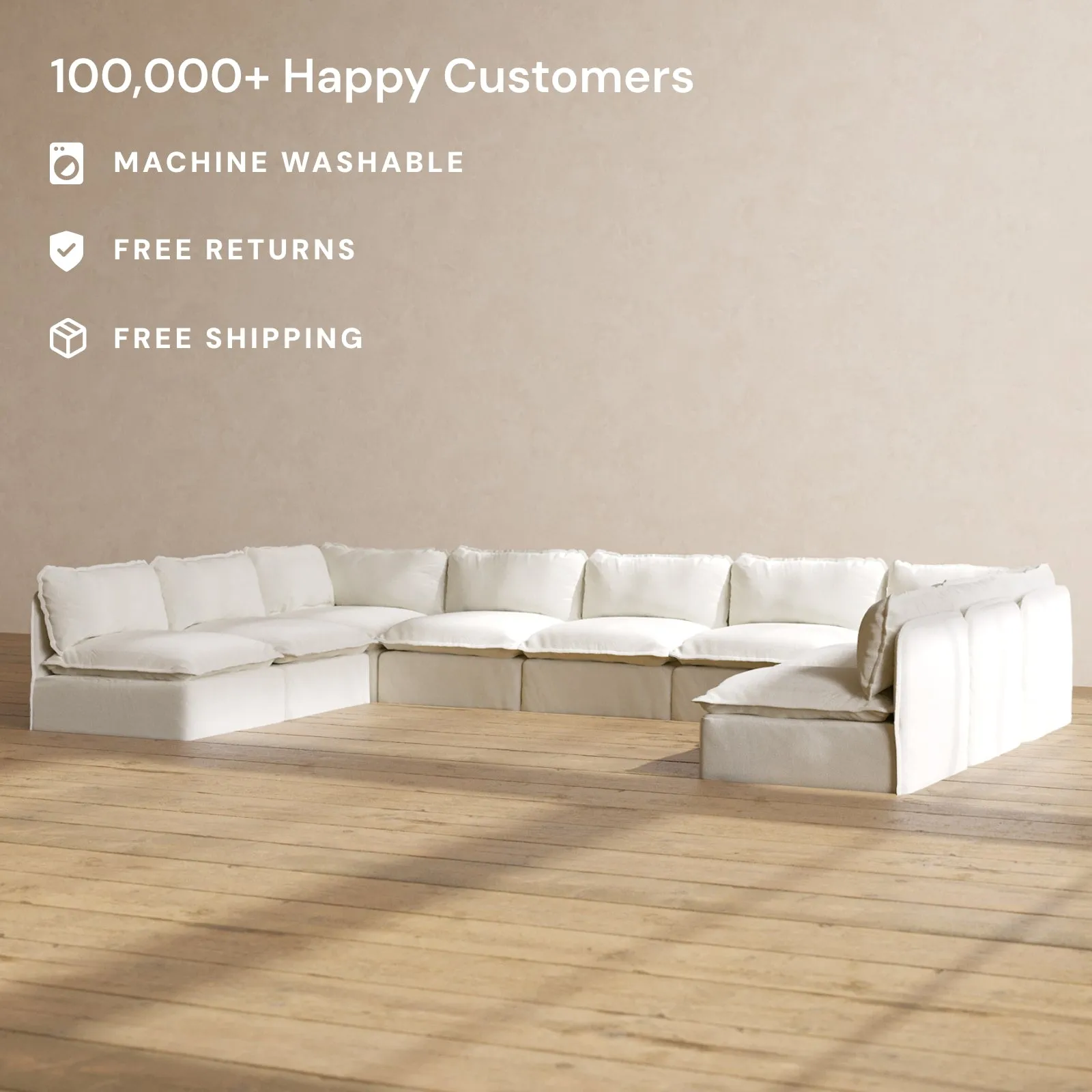 Modular Washable 9-Seater Open-Ends U-Sectional in Eggshell | Deluxe  Seat | Contour Pillow