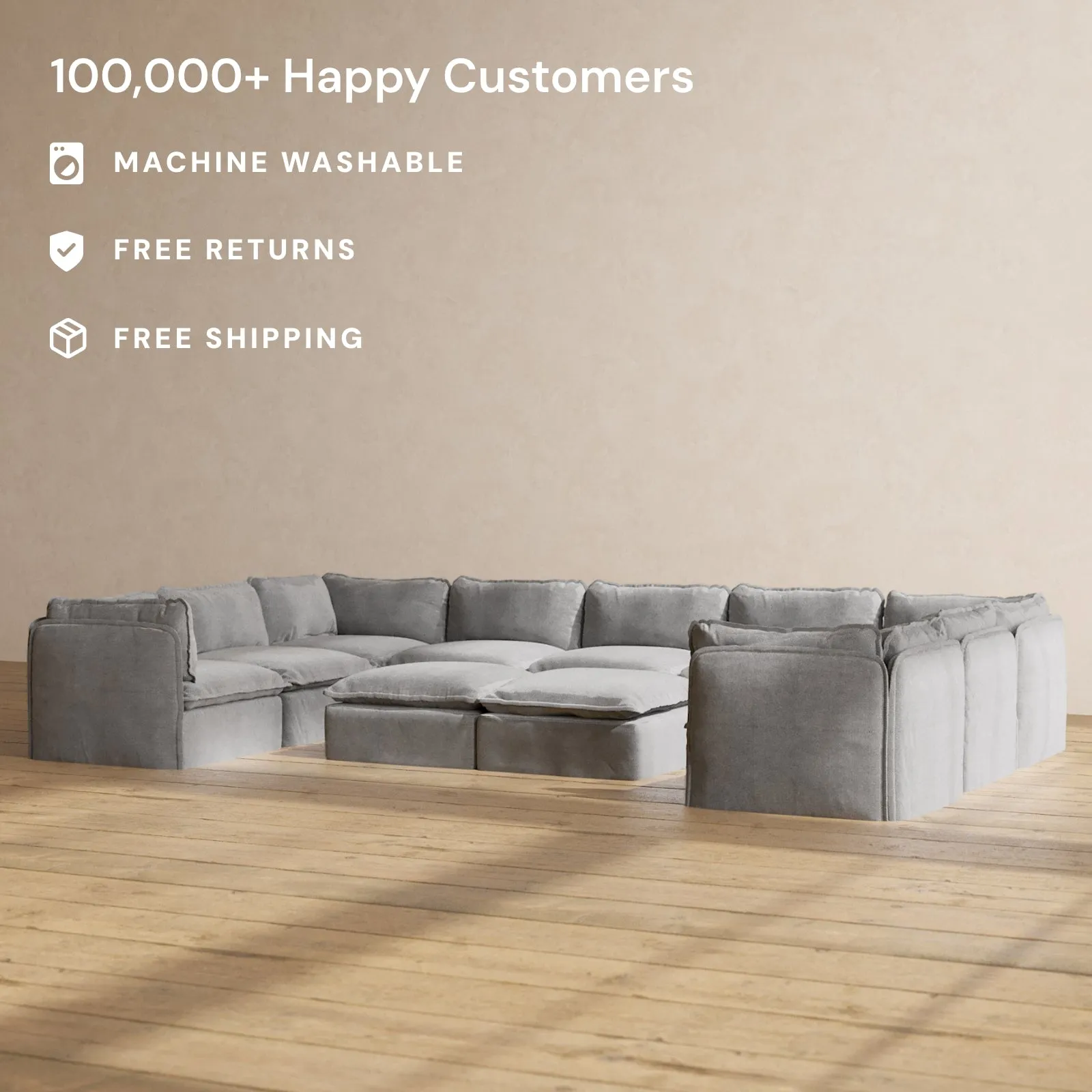 Modular Washable 9-Seater U-Sectional   Bench Ottoman in Ash | Deluxe  Seat | Contour Pillow